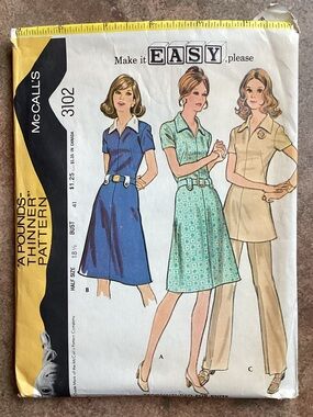 Vintage 1972 McCall's 3102 Sewing Pattern Misses' Dress or Tunic & Pants 70s